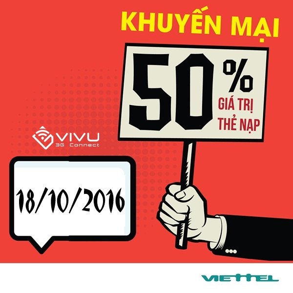 Viettel khuyến mãi 50% thẻ nạp ngày 18/10/2016